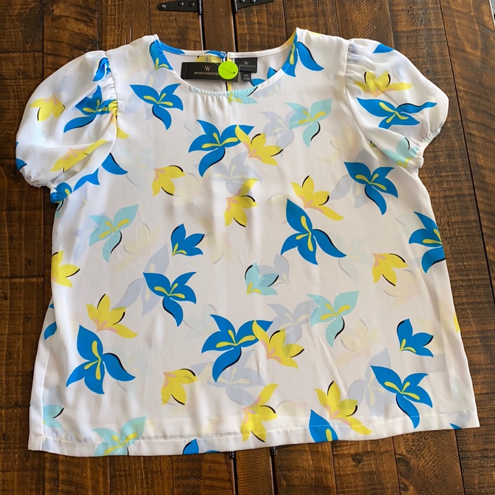 Worthington Floral Puff Sleeve Blouse XL NWT White Blue Yellow